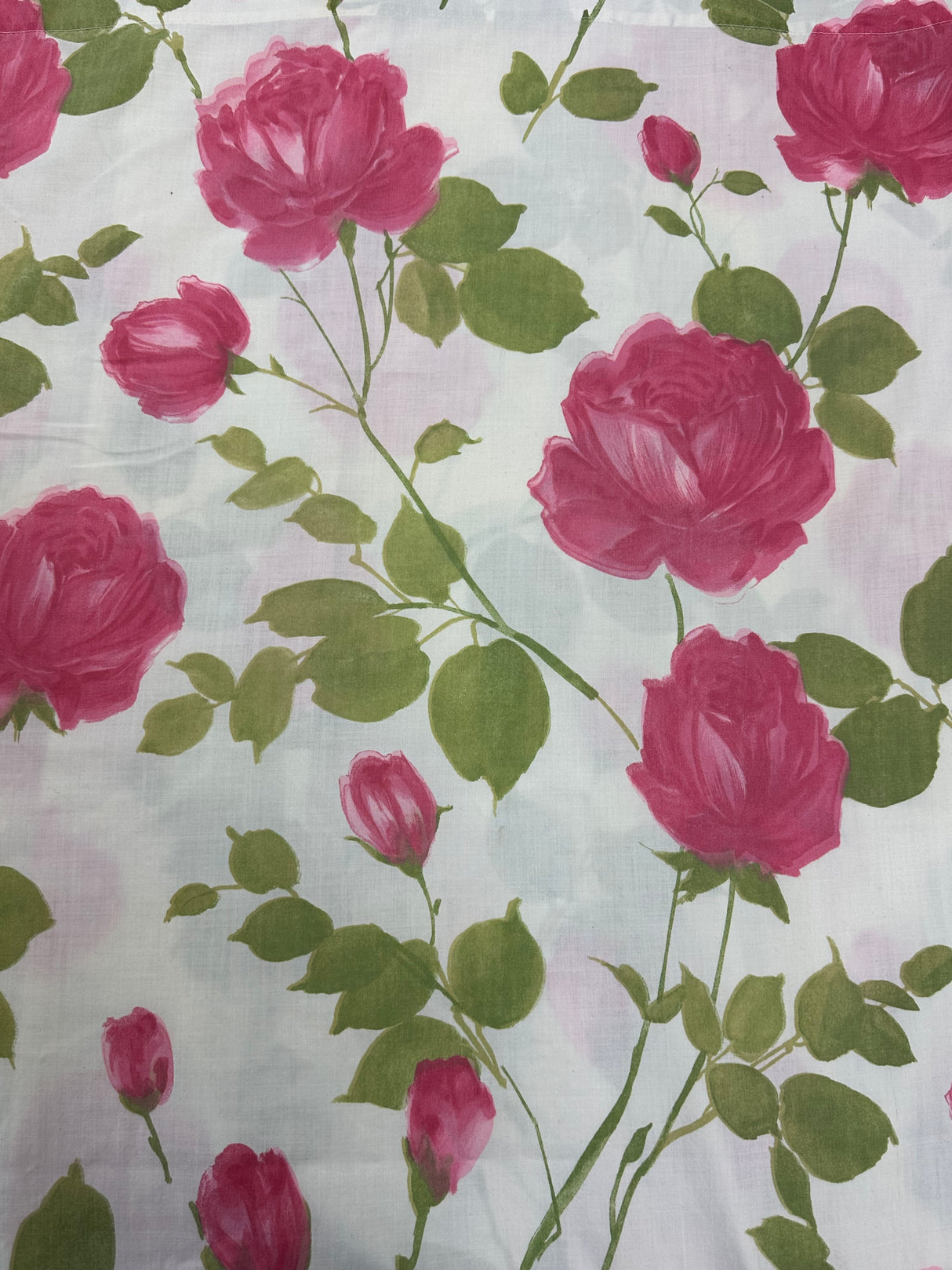 1960's White with pink/green Rose Print Large Flat Sheet Cotton Blend Fabric - (P222)