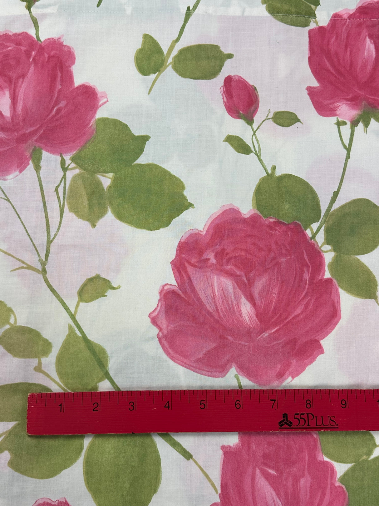 1960's White with pink/green Rose Print Large Flat Sheet Cotton Blend Fabric - (P222)