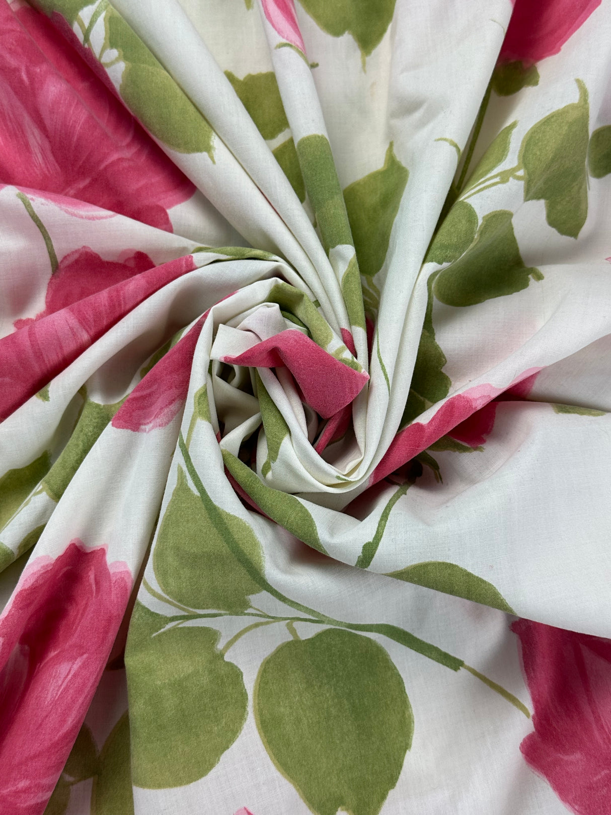 1960's White with pink/green Rose Print Large Flat Sheet Cotton Blend Fabric - (P222)