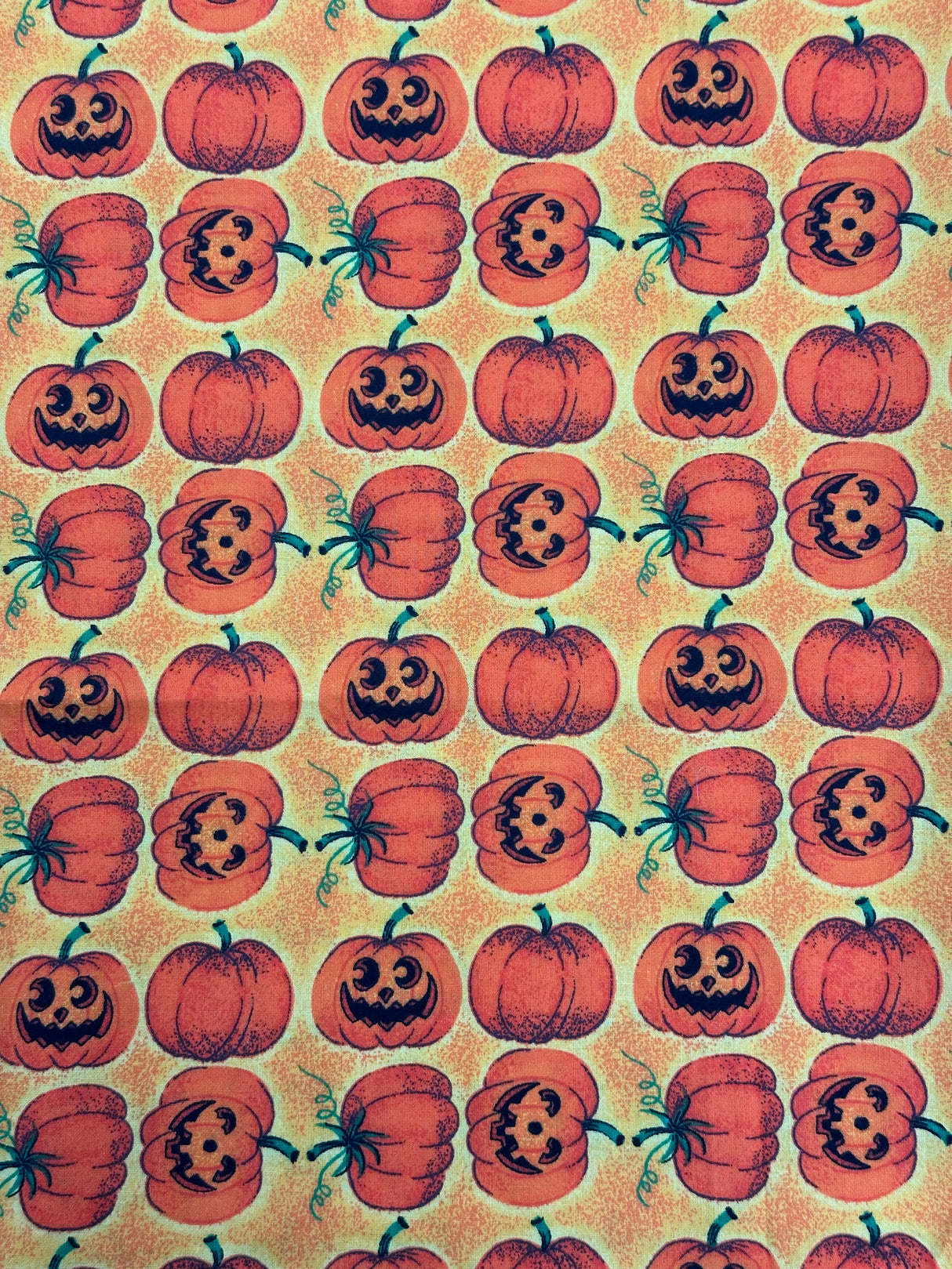 2000's Yellow Background Pumpkin and Jack-o-lantern Cotton Blend Fabric - (P223)
