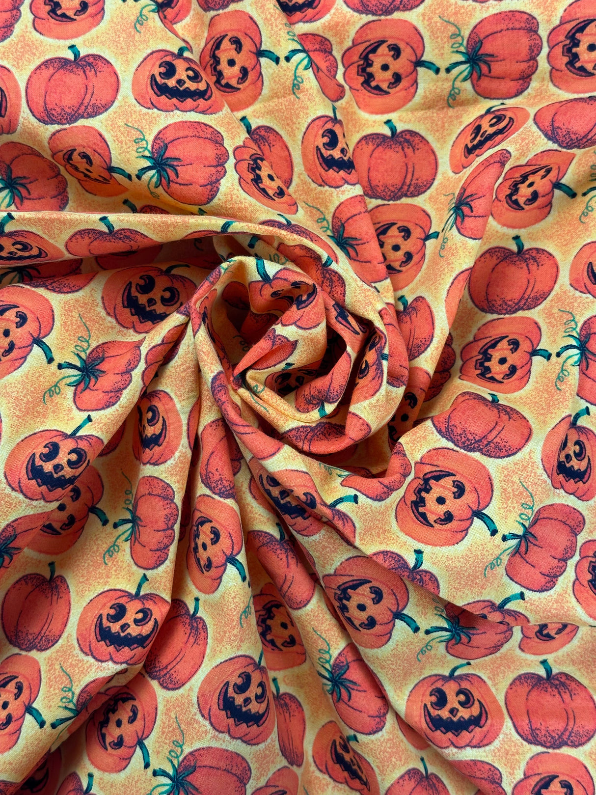 2000's Yellow Background Pumpkin and Jack-o-lantern Cotton Blend Fabric - (P223)