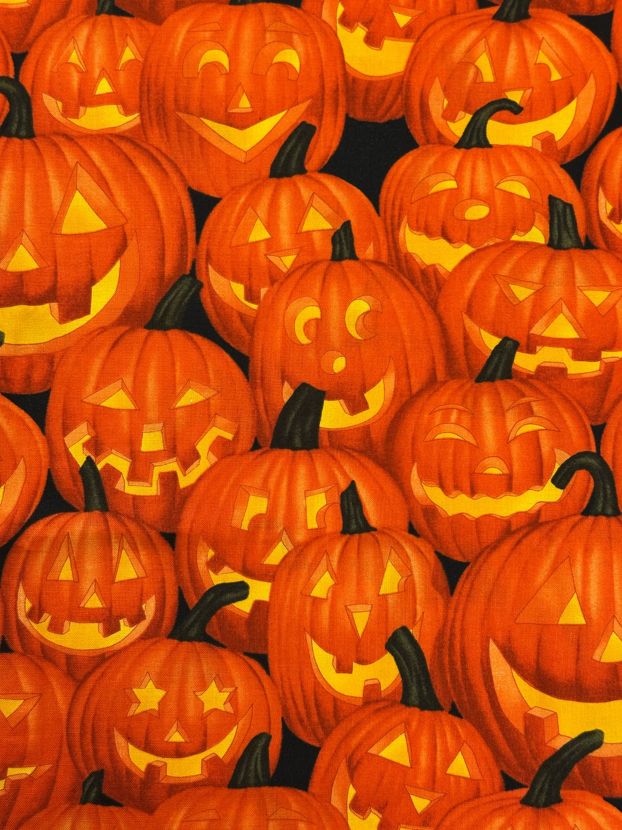 2000's Black Background Pumpkin and Jack -o-lantern Cotton Blend Fabric - (P224)