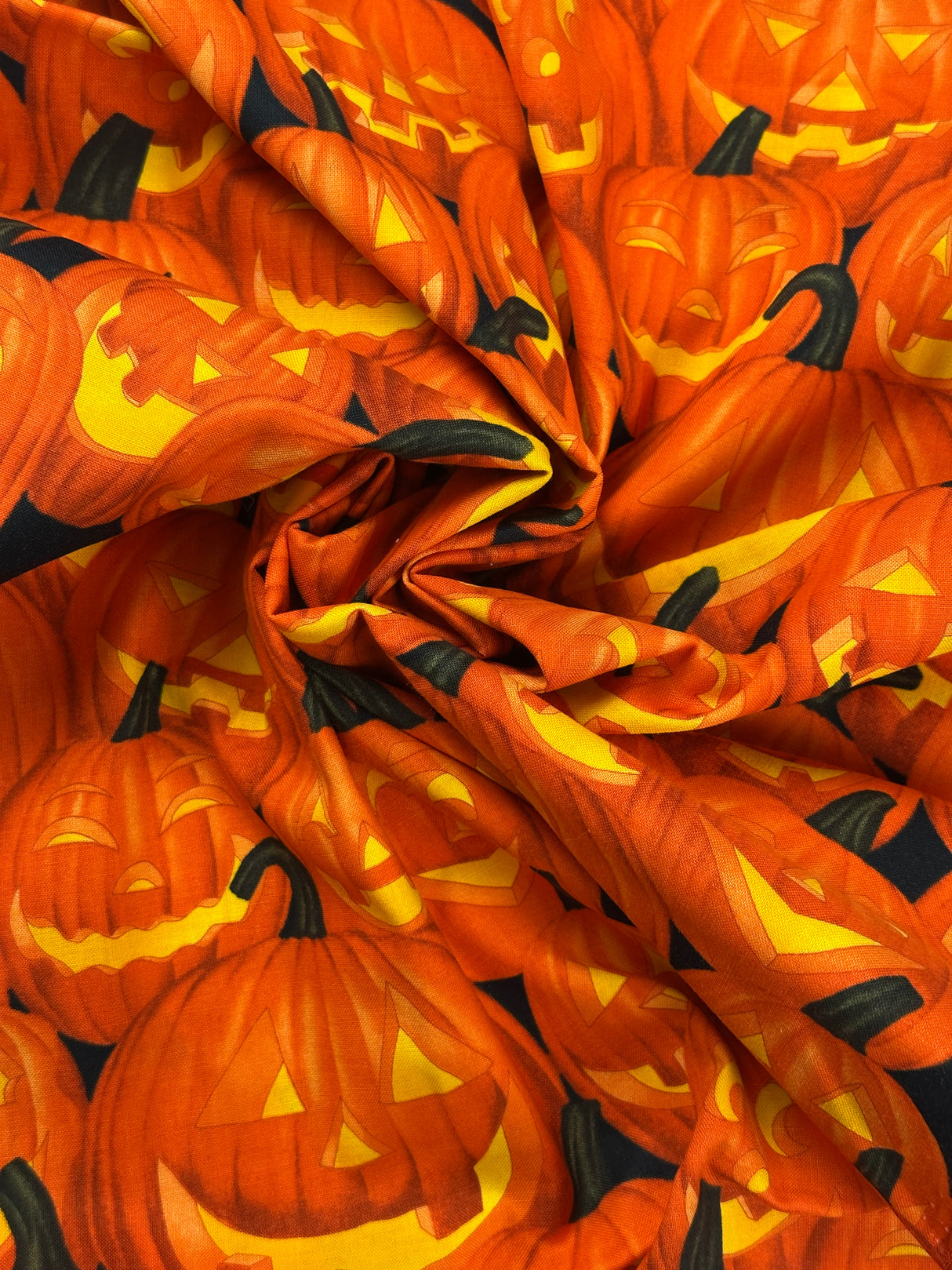 2000's Black Background Pumpkin and Jack -o-lantern Cotton Blend Fabric - (P224)
