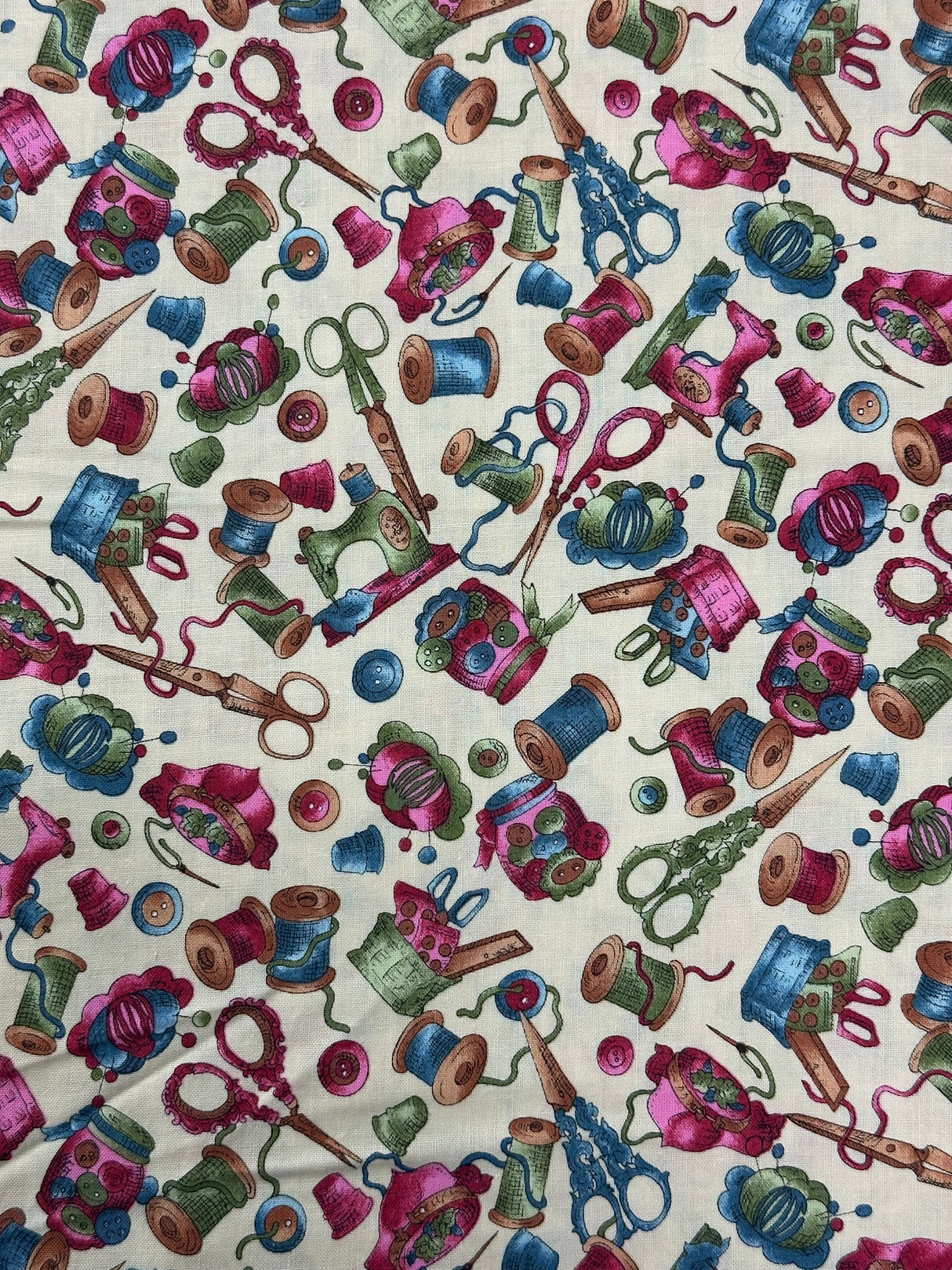 1990's Cream with Sewing Notions Novelty Print Cotton Blend Fabric - (P226)