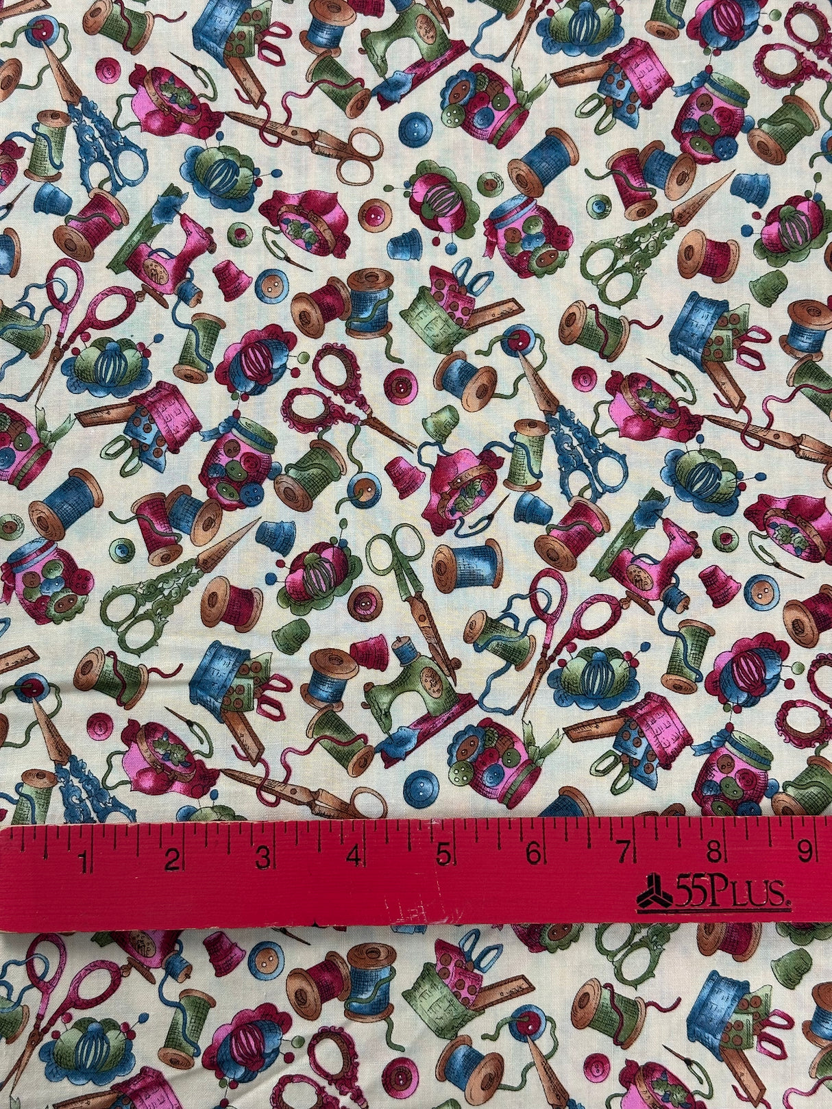 1990's Cream with Sewing Notions Novelty Print Cotton Blend Fabric - (P226)