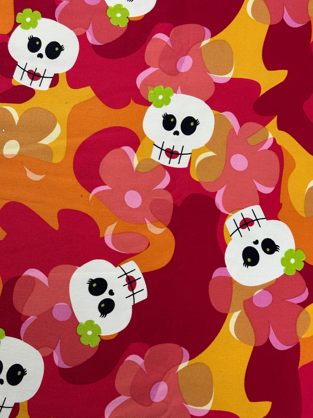 2000's Pink/Orange Groovy Skeleton Head Print Cotton Canvas Fabric - (P227)