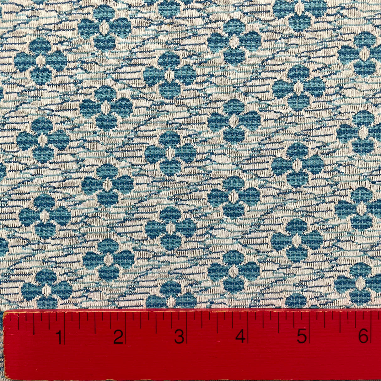 1970's Blue Flower on White Fabric - Polyester Double Knit - BTY