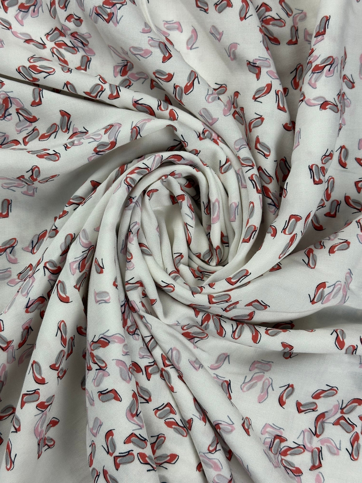 Modern White with Red High Heel Print Rayon Blend Fabric - (P233)