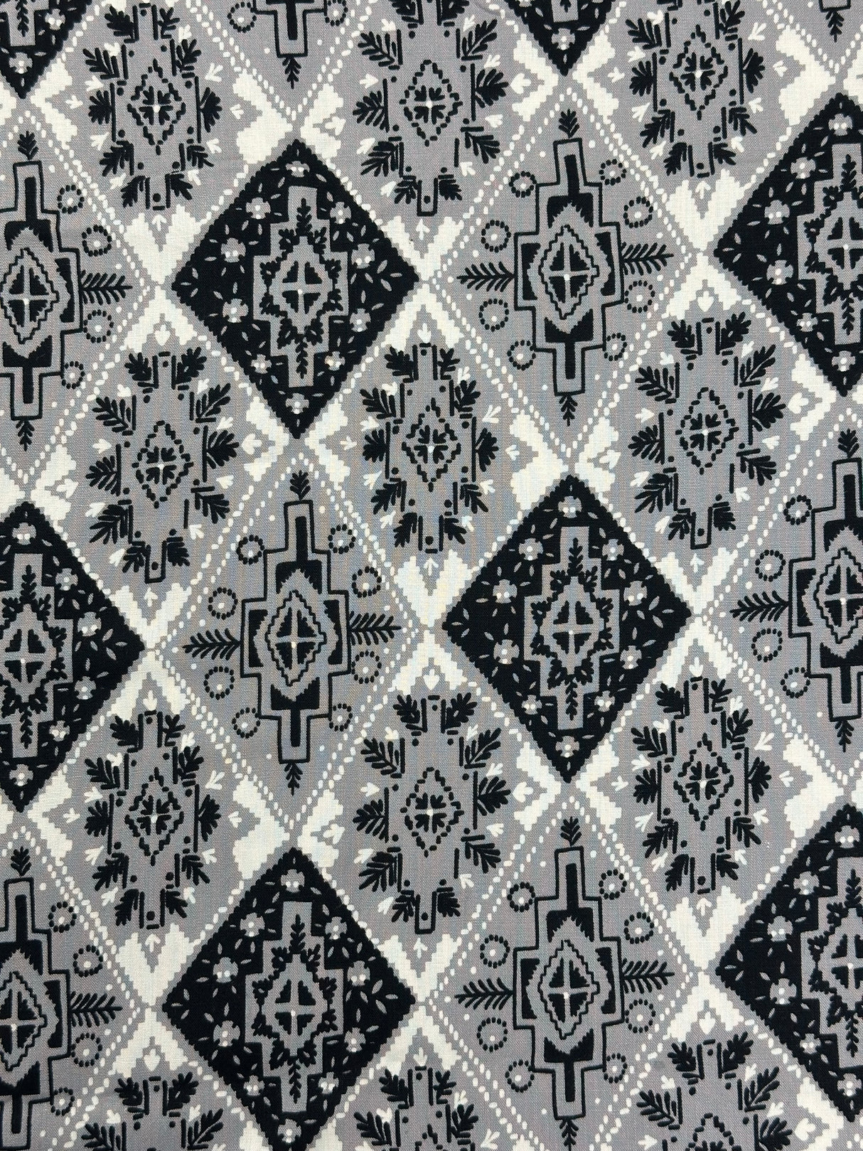 1980's Black, Grey, and White Geometric Print Rayon Blend Fabric - (P235)