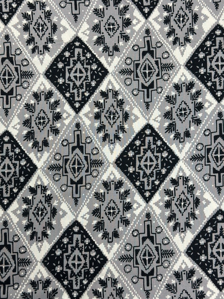 1980's Black, Grey, and White Geometric Print Rayon Blend Fabric - (P235)