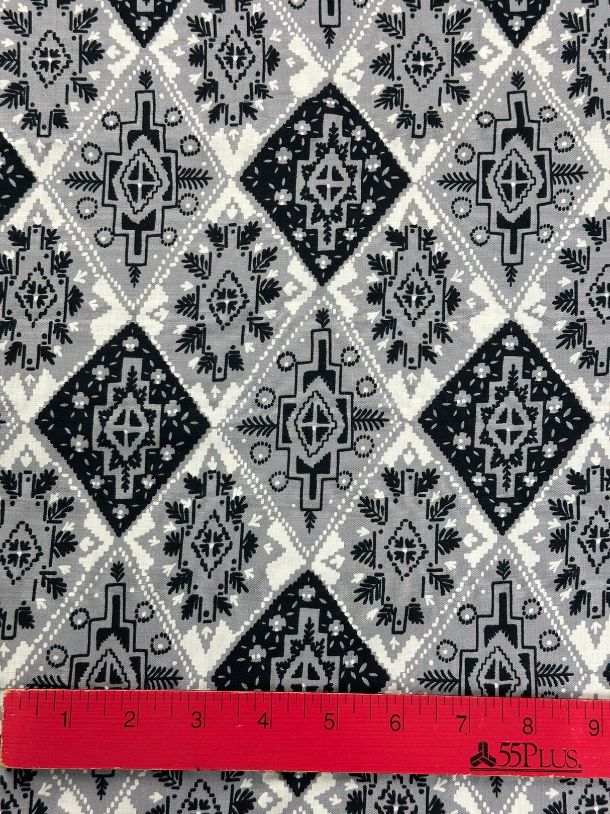 1980's Black, Grey, and White Geometric Print Rayon Blend Fabric - (P235)