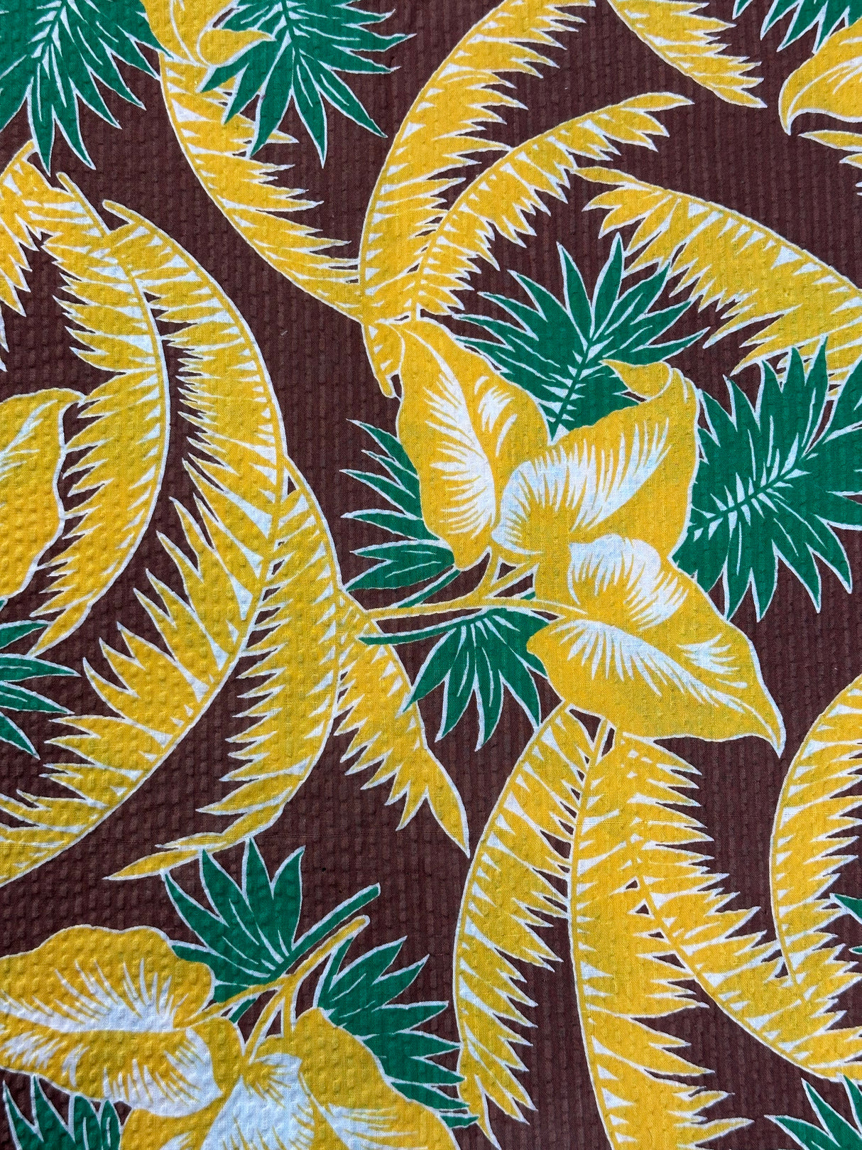 1940's Brown with Yellow and Green Palm Leaves Cotton Blend Seersucker Fabric - (P236)