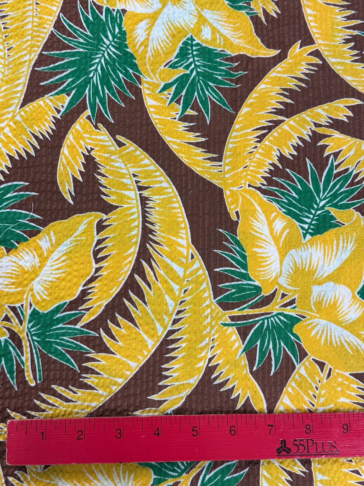 1940's Brown with Yellow and Green Palm Leaves Cotton Blend Seersucker Fabric - (P236)