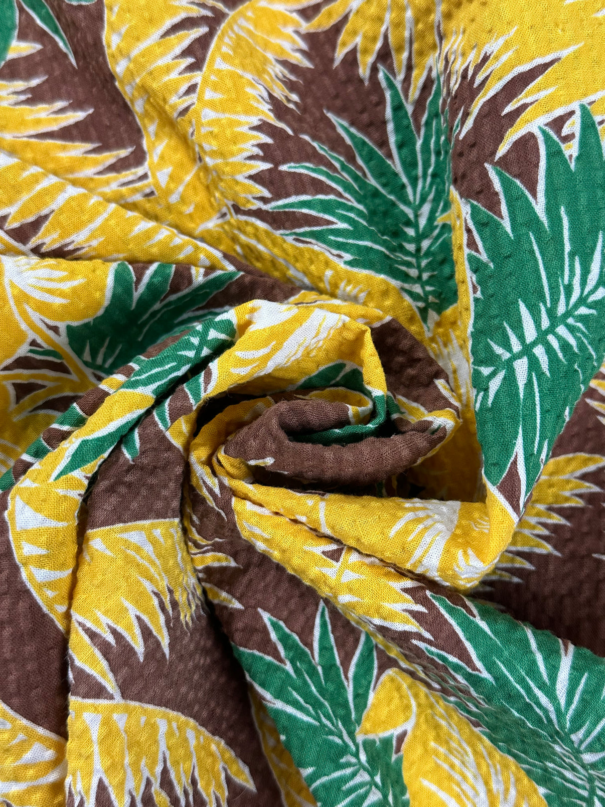 1940's Brown with Yellow and Green Palm Leaves Cotton Blend Seersucker Fabric - (P236)