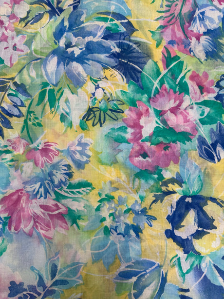 1980's Blue/Pink/Yellow/Green Watercolor Floral Cotton Blend Fabric - (P239)