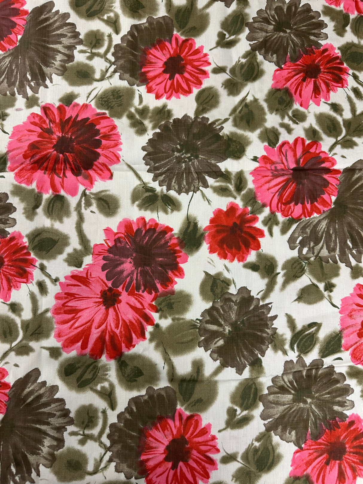 1950's Cream with Pink and Deep Green Floral Cotton Fabric - (P240)