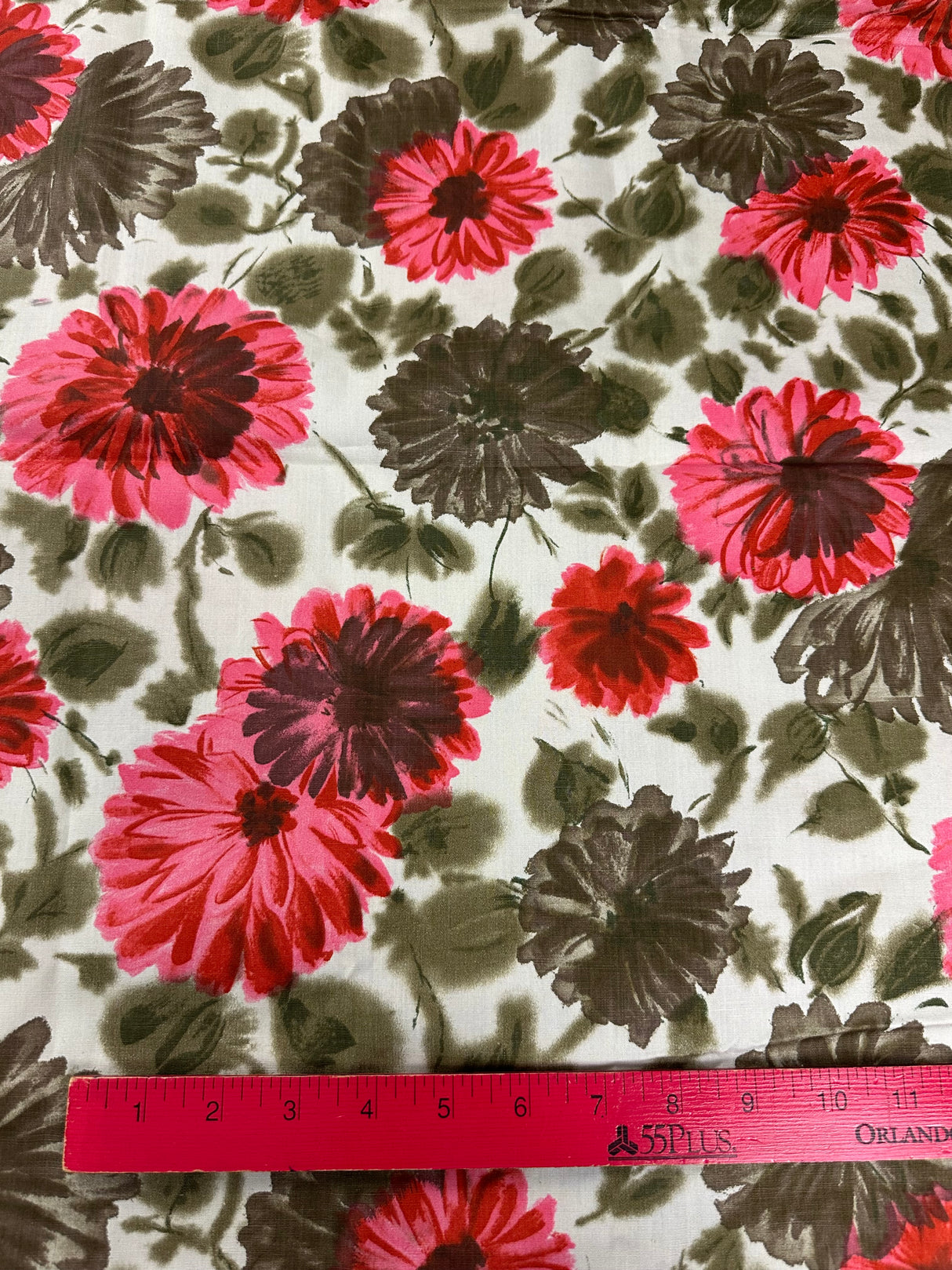 1950's Cream with Pink and Deep Green Floral Cotton Fabric - (P240)