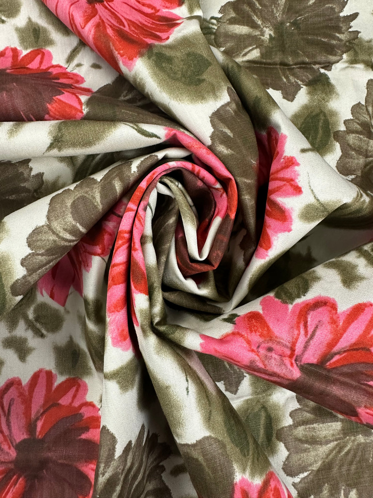 1950's Cream with Pink and Deep Green Floral Cotton Fabric - (P240)
