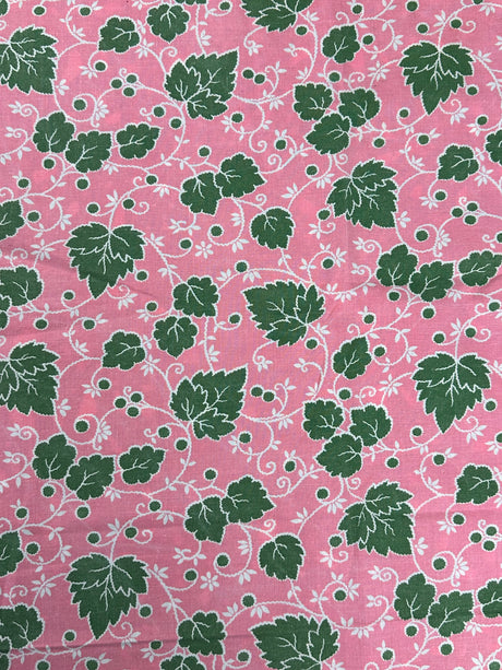 1940's Pink with Green Leafy Vines on White Cotton Fabric - (P241)