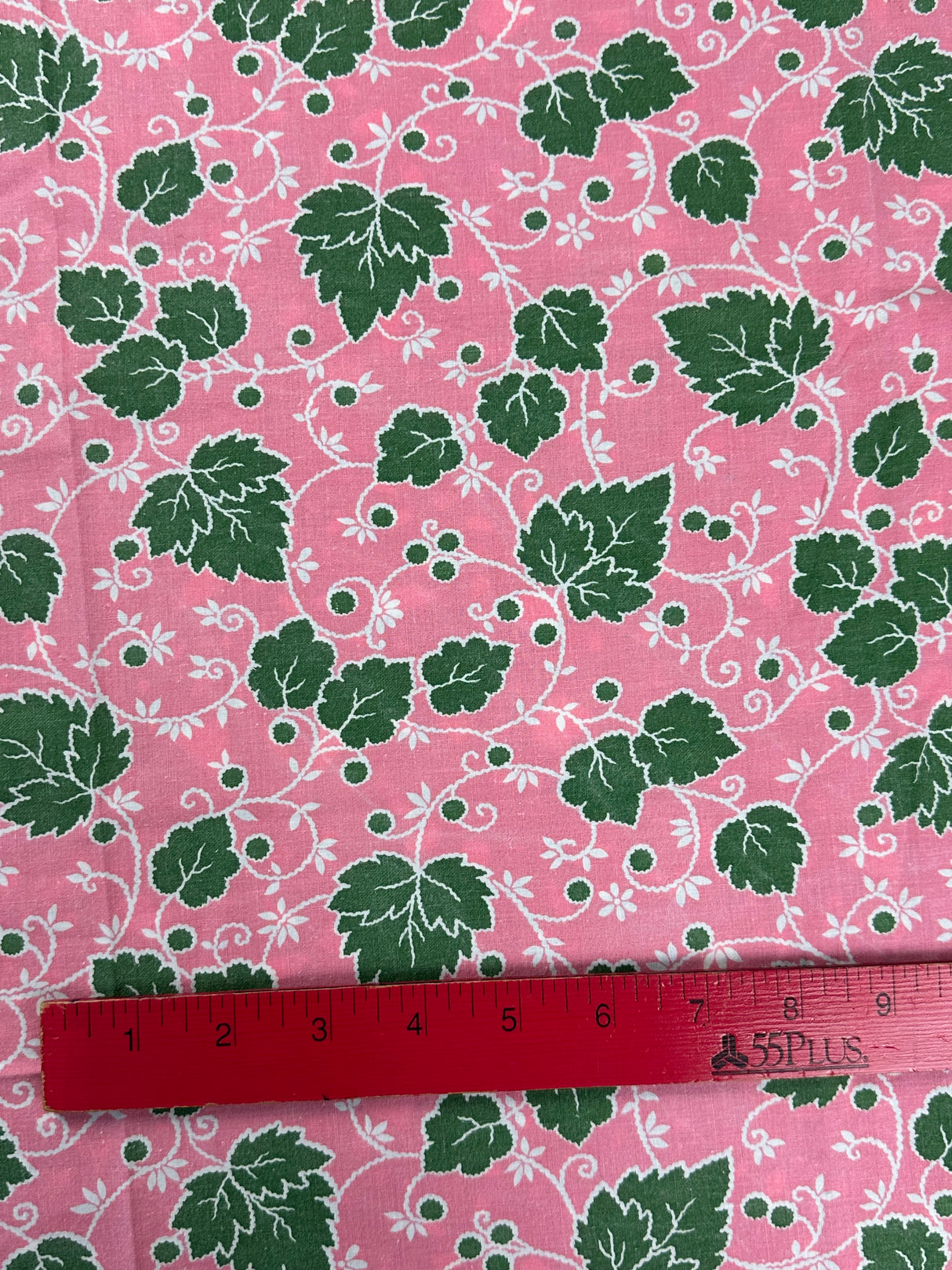 1940's Pink with Green Leafy Vines on White Cotton Fabric - (P241)