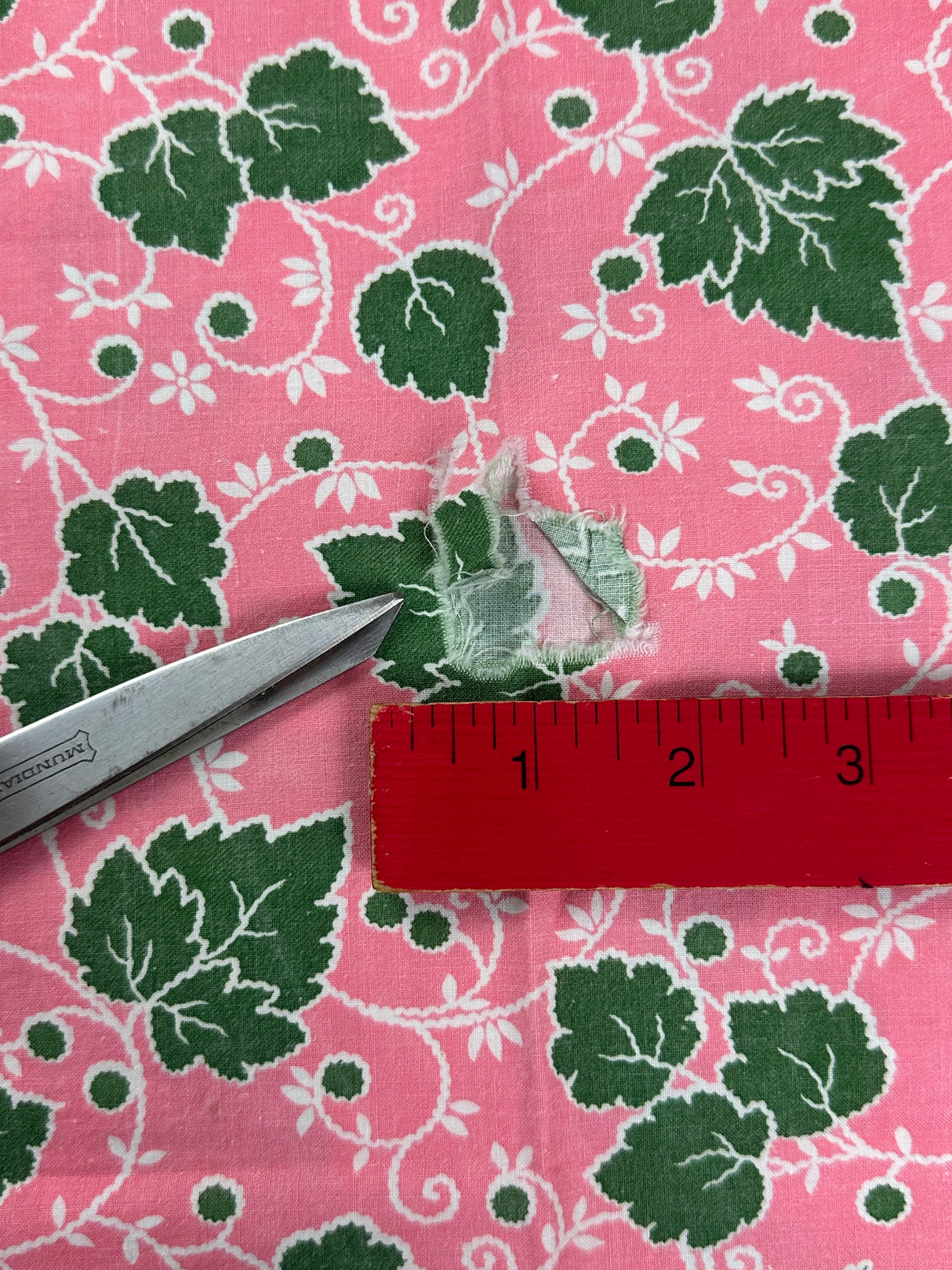1940's Pink with Green Leafy Vines on White Cotton Fabric - (P241)