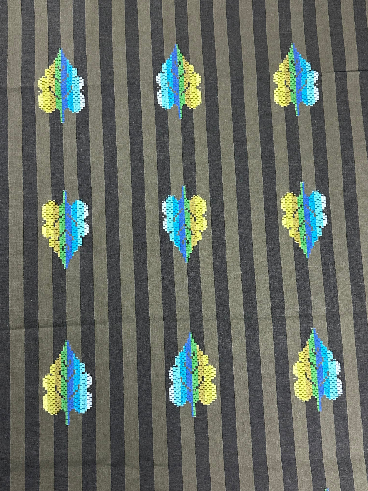1960's Green and Black Stripes with Blue Green Abstract Leaf Print Cotton Blend Fabric - (P243)