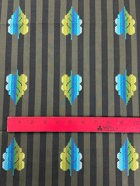 1960's Green and Black Stripes with Blue Green Abstract Leaf Print Cotton Blend Fabric - (P243)