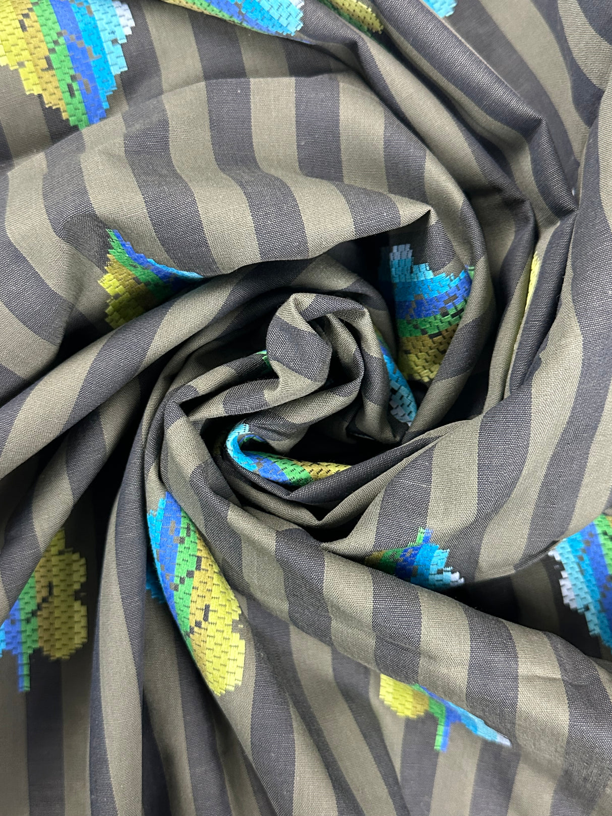 1960's Green and Black Stripes with Blue Green Abstract Leaf Print Cotton Blend Fabric - (P243)