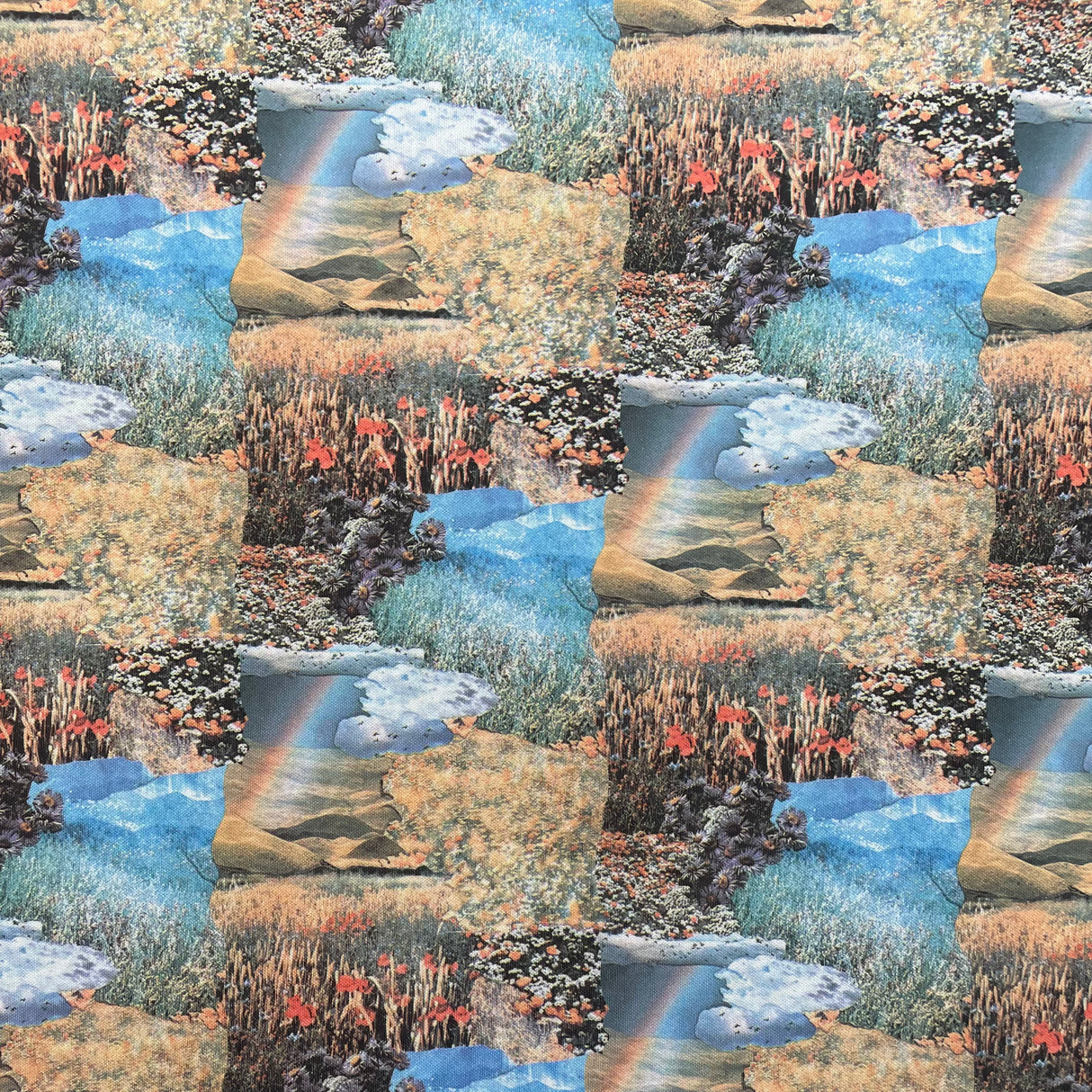 1970’s Collage Artwork with Rainbow Novelty Print Polyester Fabric - BTY (H2)