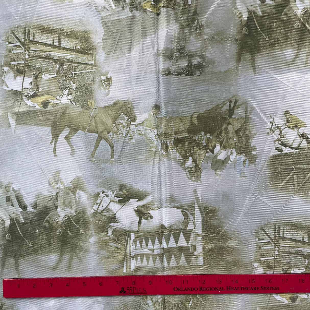 1970’s Merry Mary Silver and Green Jockey and Horse Novelty Print Polyester Fabric - BTY (S38)