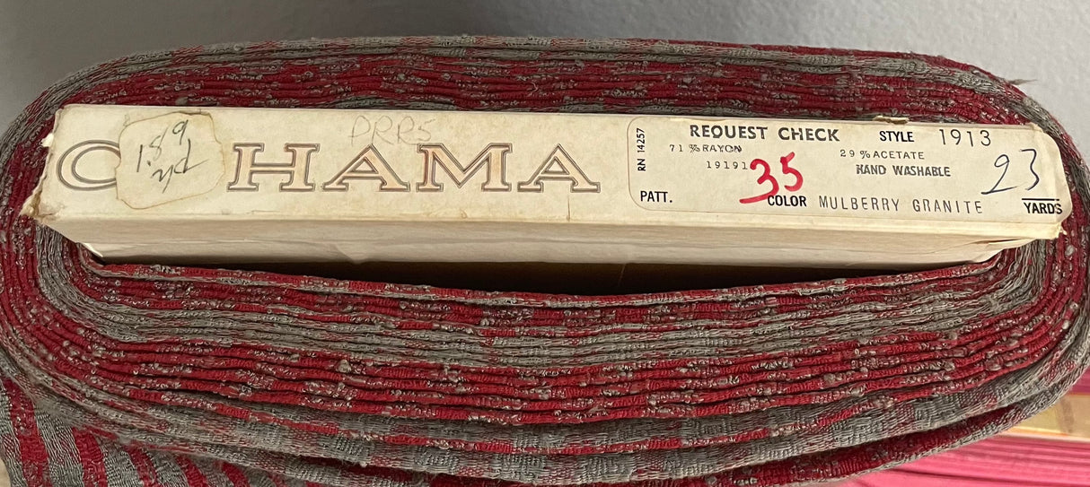 1970’s Cohama Grey and Red Plaid Rayon Blend Fabric - Piece (P170)