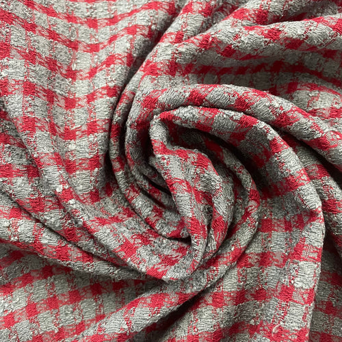 1970’s Cohama Grey and Red Plaid Rayon Blend Fabric - BTY