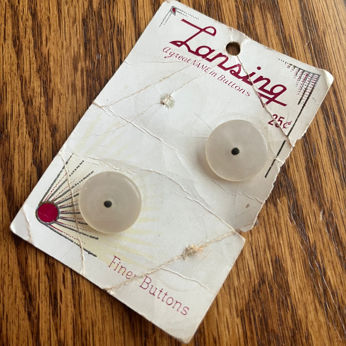 1950’s Lansing White Plastic MOP style Buttons - White - Set of 2 - 3/4" - on card
