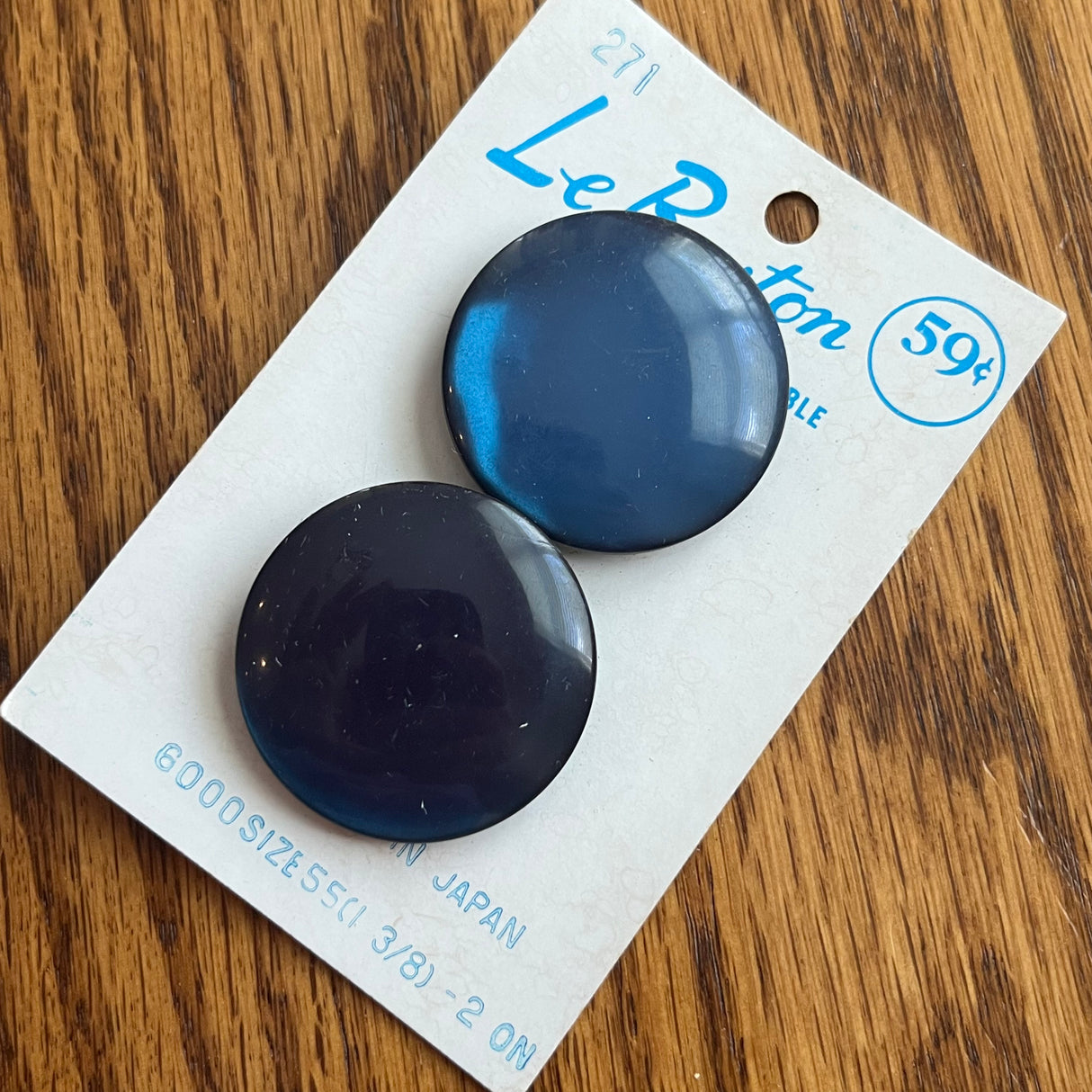 1960’s Le Bouton Plastic Flat Circular Buttons - Blue - Set of 2 - Size 55 - 1" 3/8 - on card