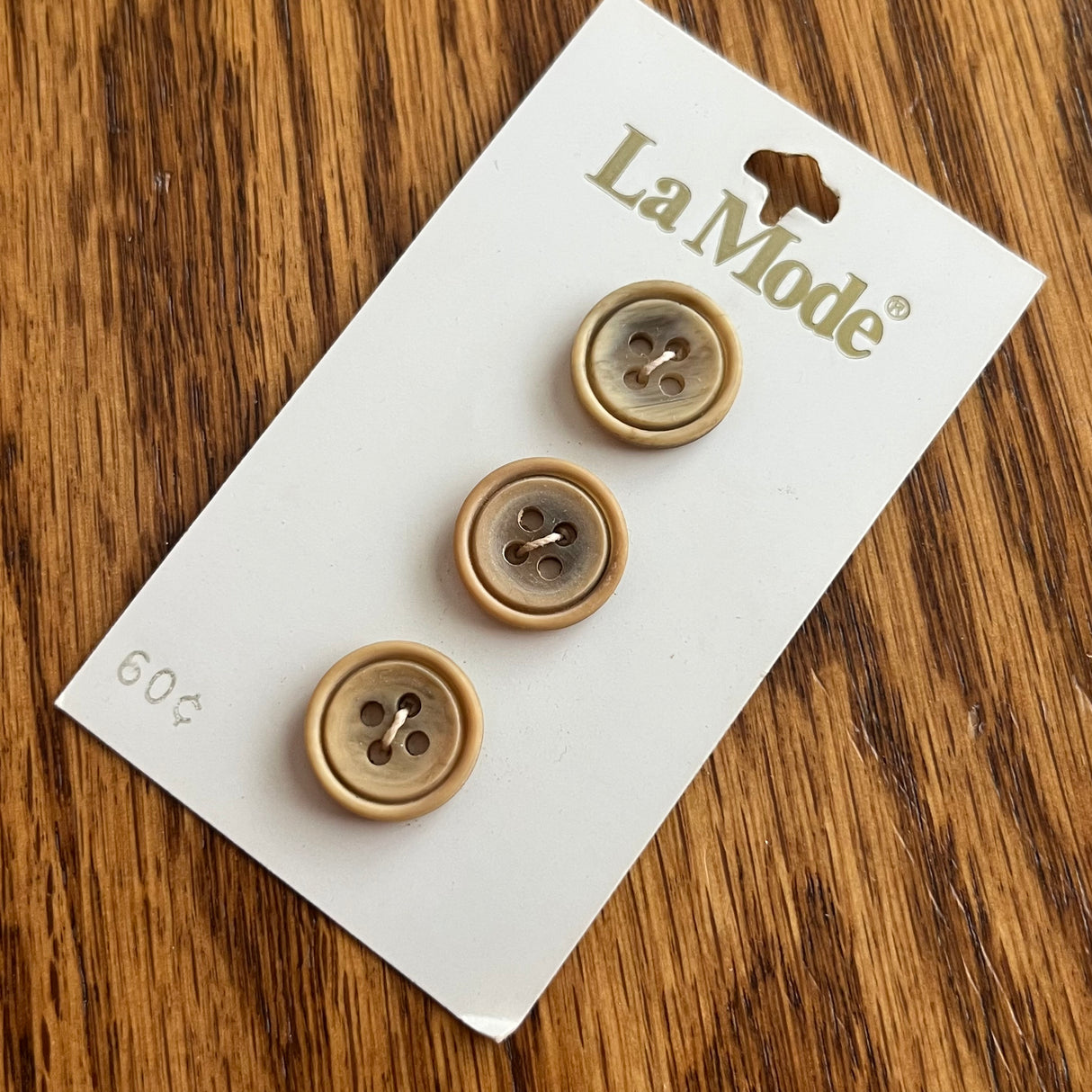 1970’s La Mode Beige Wood Style Buttons - Beige - Set of 3 - Size 24 - 5/8" - on card