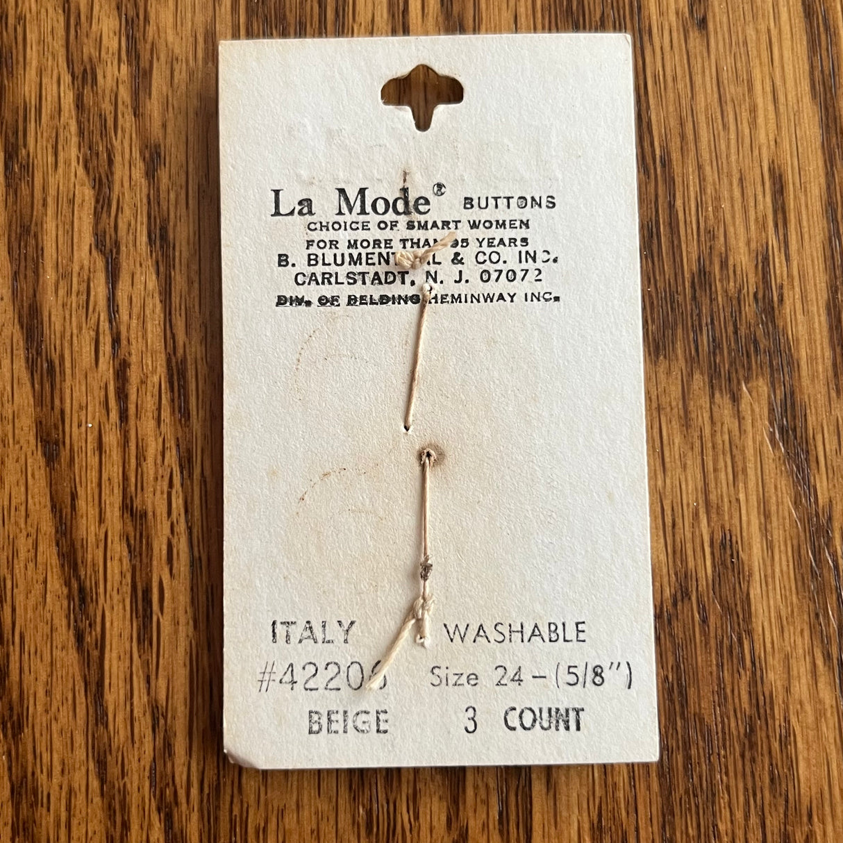 1970’s La Mode Beige Wood Style Buttons - Beige - Set of 3 - Size 24 - 5/8" - on card