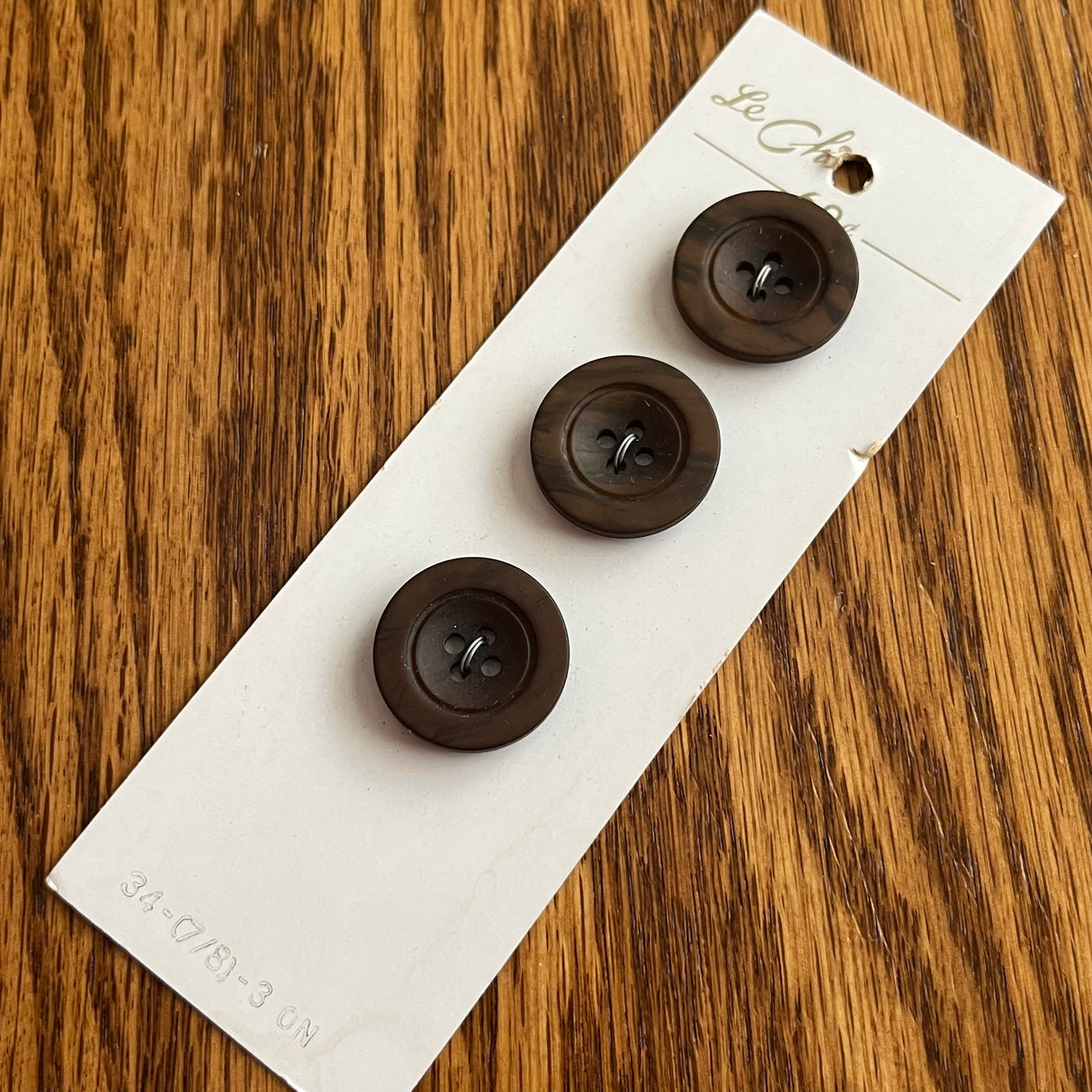 1970’s Le Chic Brown Plastic Wood style Buttons - Brown - Set of 3 - Size 34 - 7/8" - on card