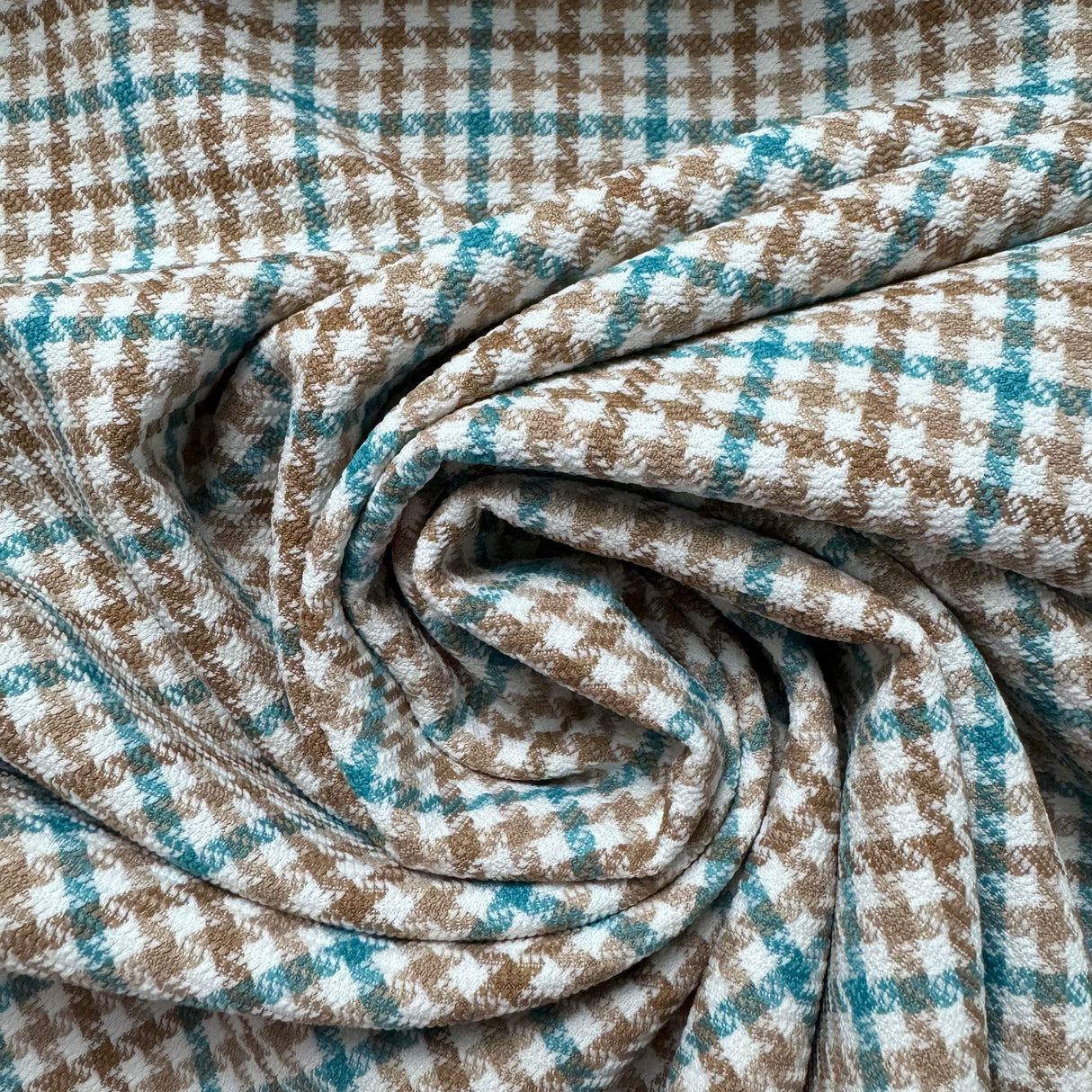 1970’s Blue Tan and White Houndstooth Plaid Fabric-  Polyester - BTY (H12)