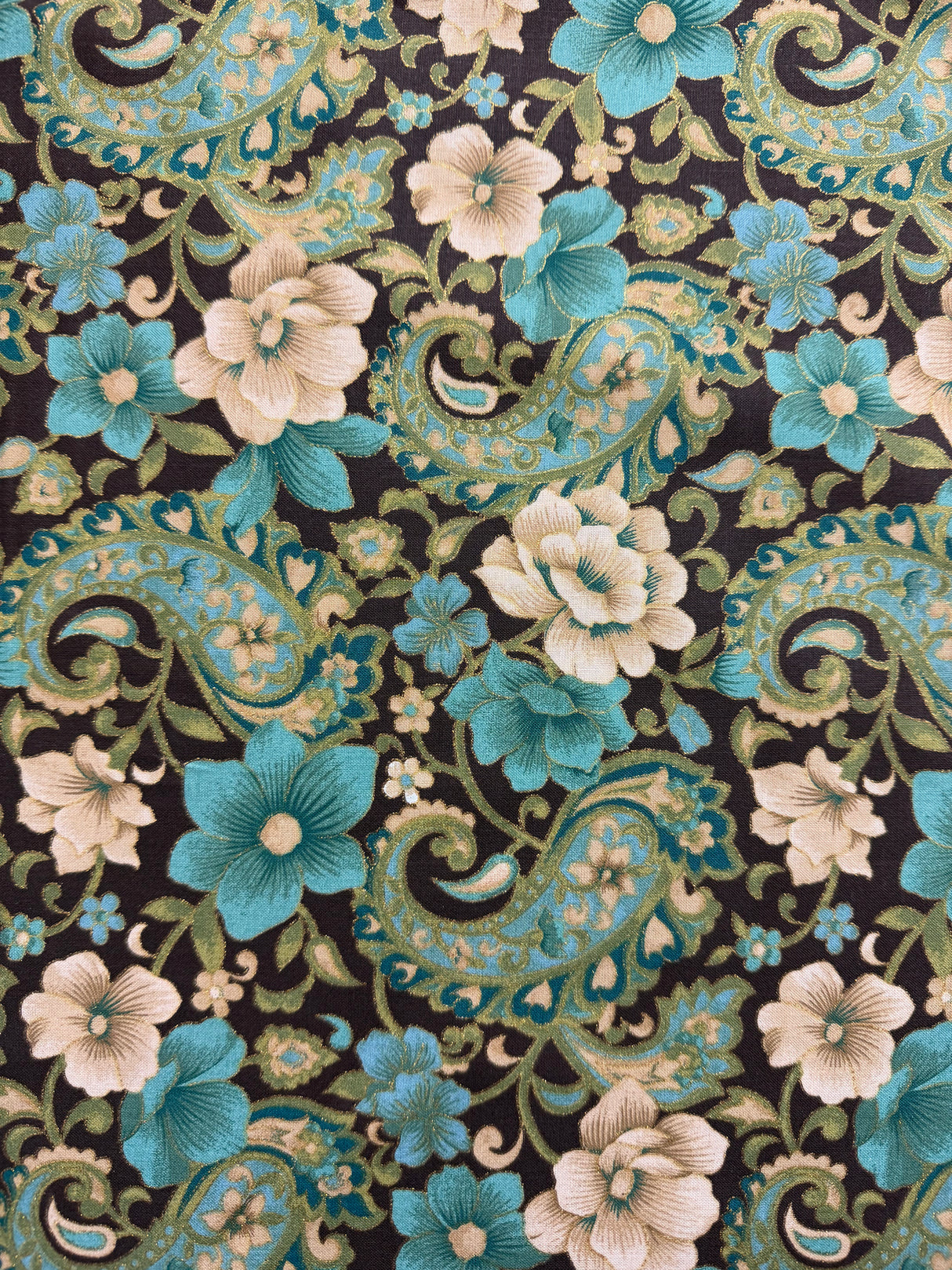 2000’s Teal, Green, Brown Floral and Paisley Fabric with gold metallic accents - BTY (L3)