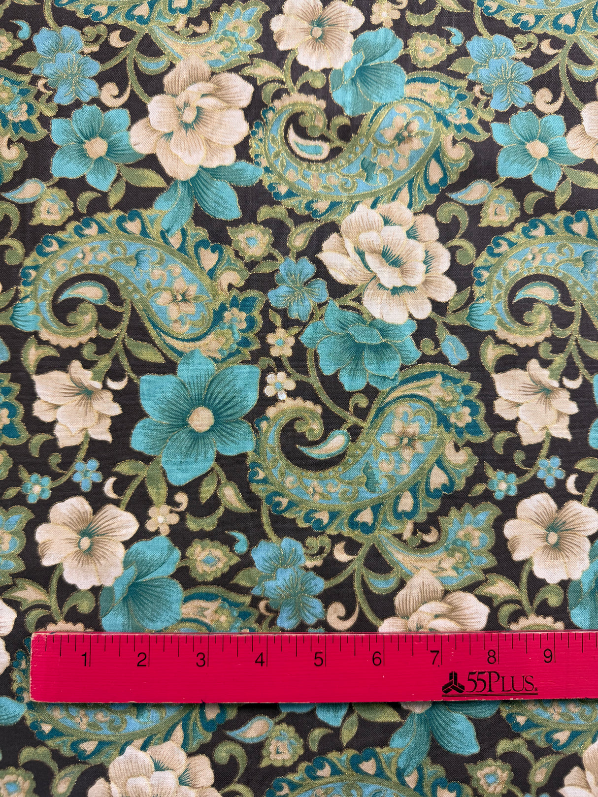 2000’s Teal, Green, Brown Floral and Paisley Fabric with gold metallic accents - BTY (L3)