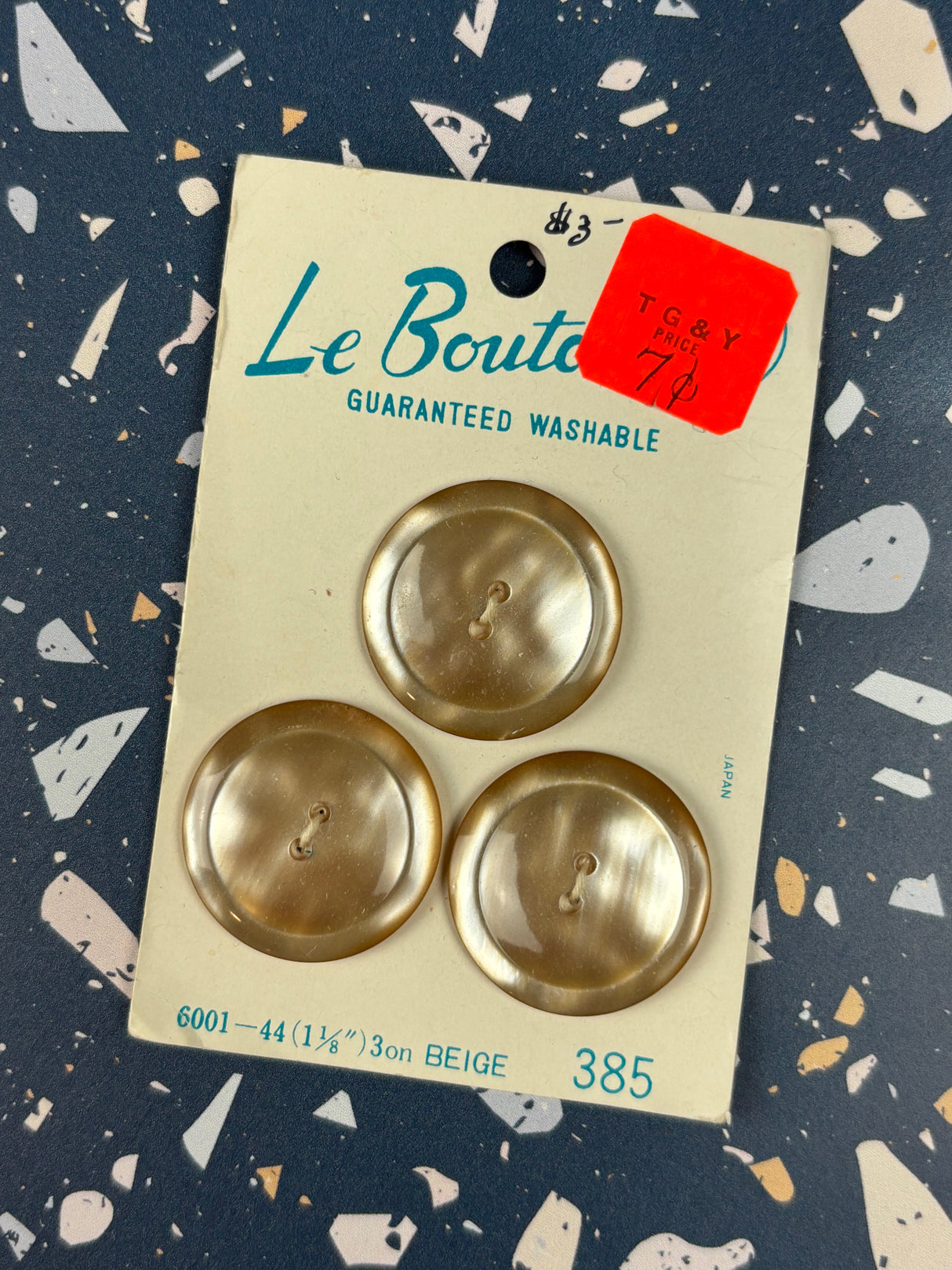 1970’s Le Bouton Beige Pearlescent Plastic Buttons - Set of 3 - 1 1/8” - on card