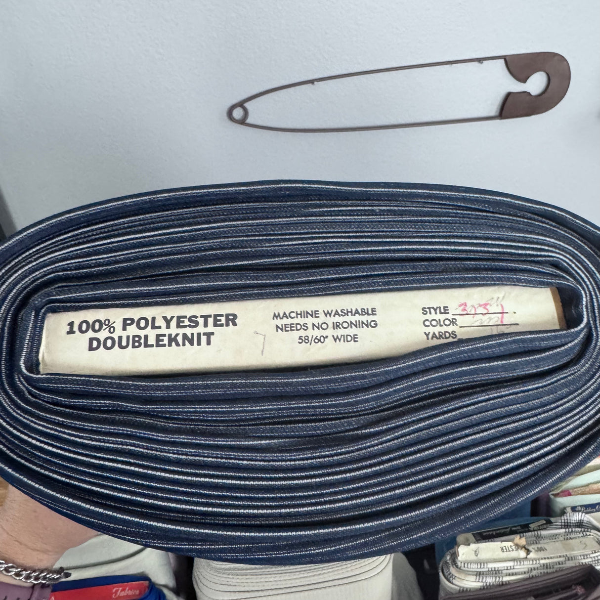 1970's White and Navy Stripe Double Knit Polyester Fabric - Piece (D10)