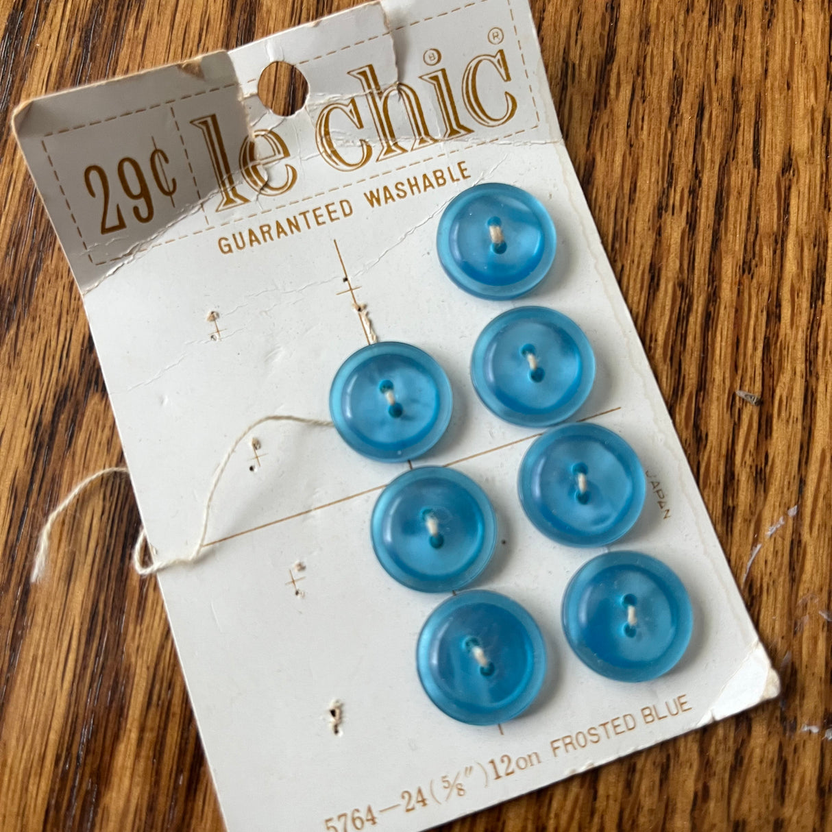 1970’s Le Chic Plastic Buttons - Frosted Blue - Set of 7 - Size 24 - 5/8" - on card