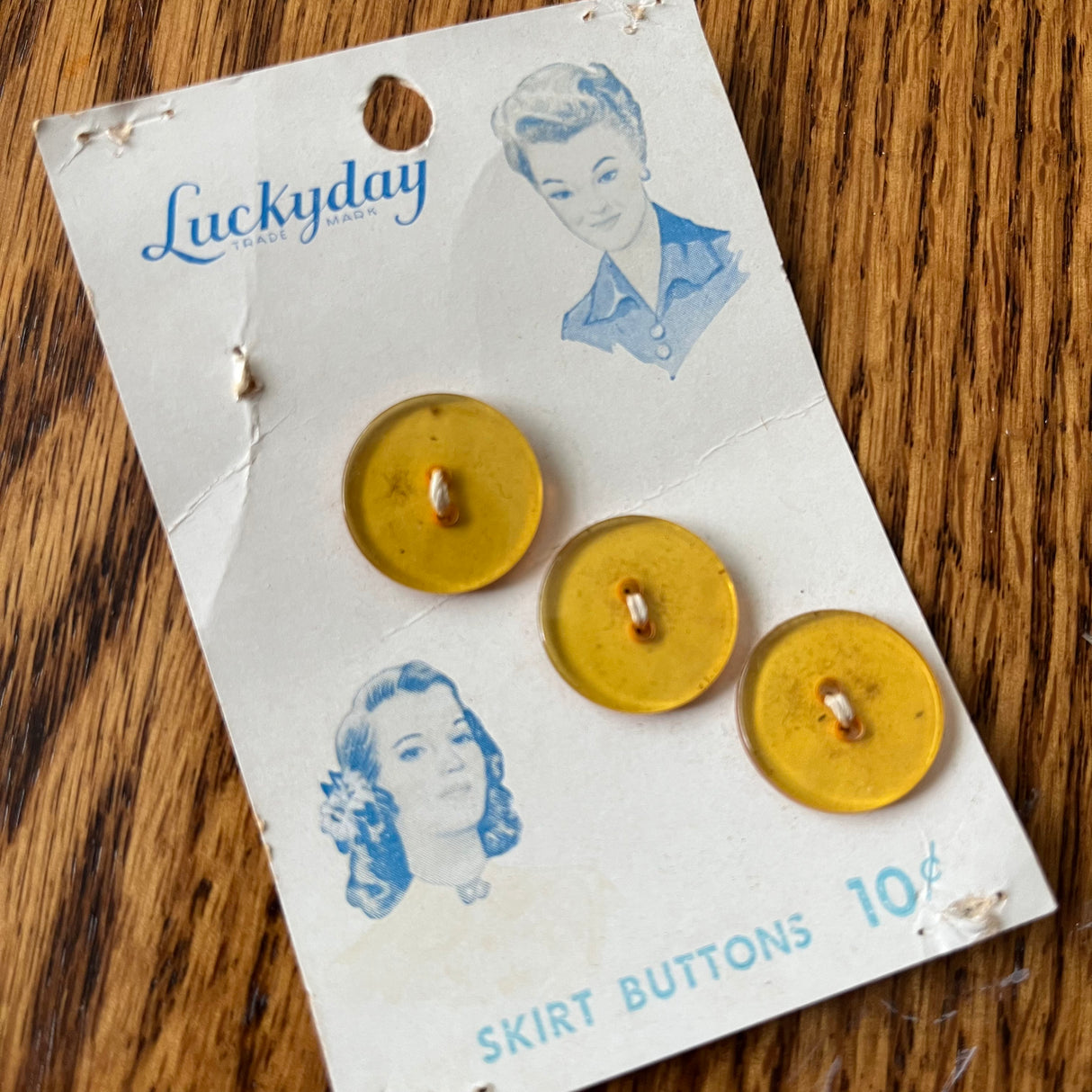 1950’s Lucky Day Yellow Plastic Buttons - Clear - Set of 3 - 3/4" - on card