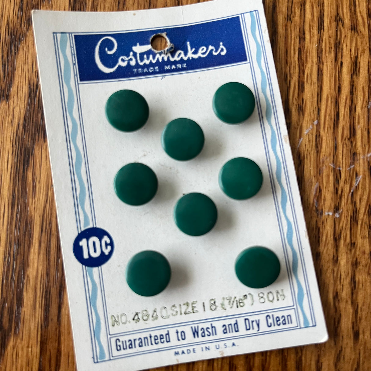 1960’s Costumakers Plastic Shank Buttons - Matte Dark Green - Set of 8 - Size 18 - 7/16" - on card