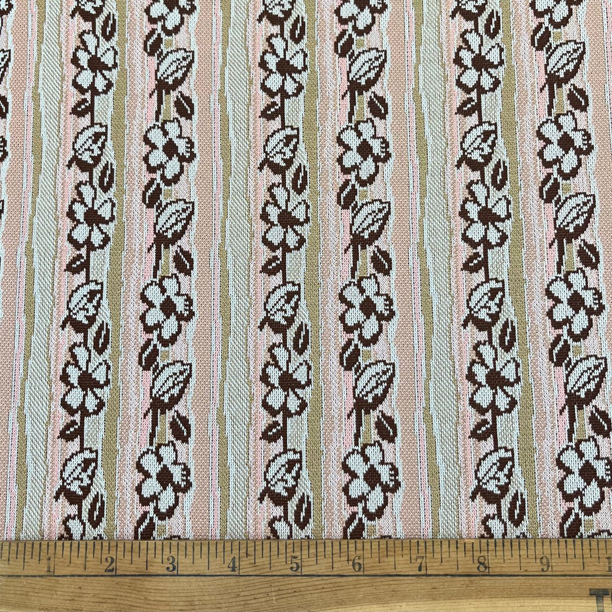 1970's Tan and Pink Striped Double Knit Polyester Fabric - 1yd