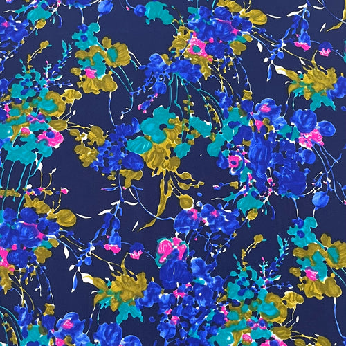 1970's Deep Blue Floral Print Brushed Polyester Fabric - BTY