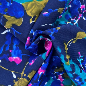 1970's Deep Blue Floral Print Brushed Polyester Fabric - BTY
