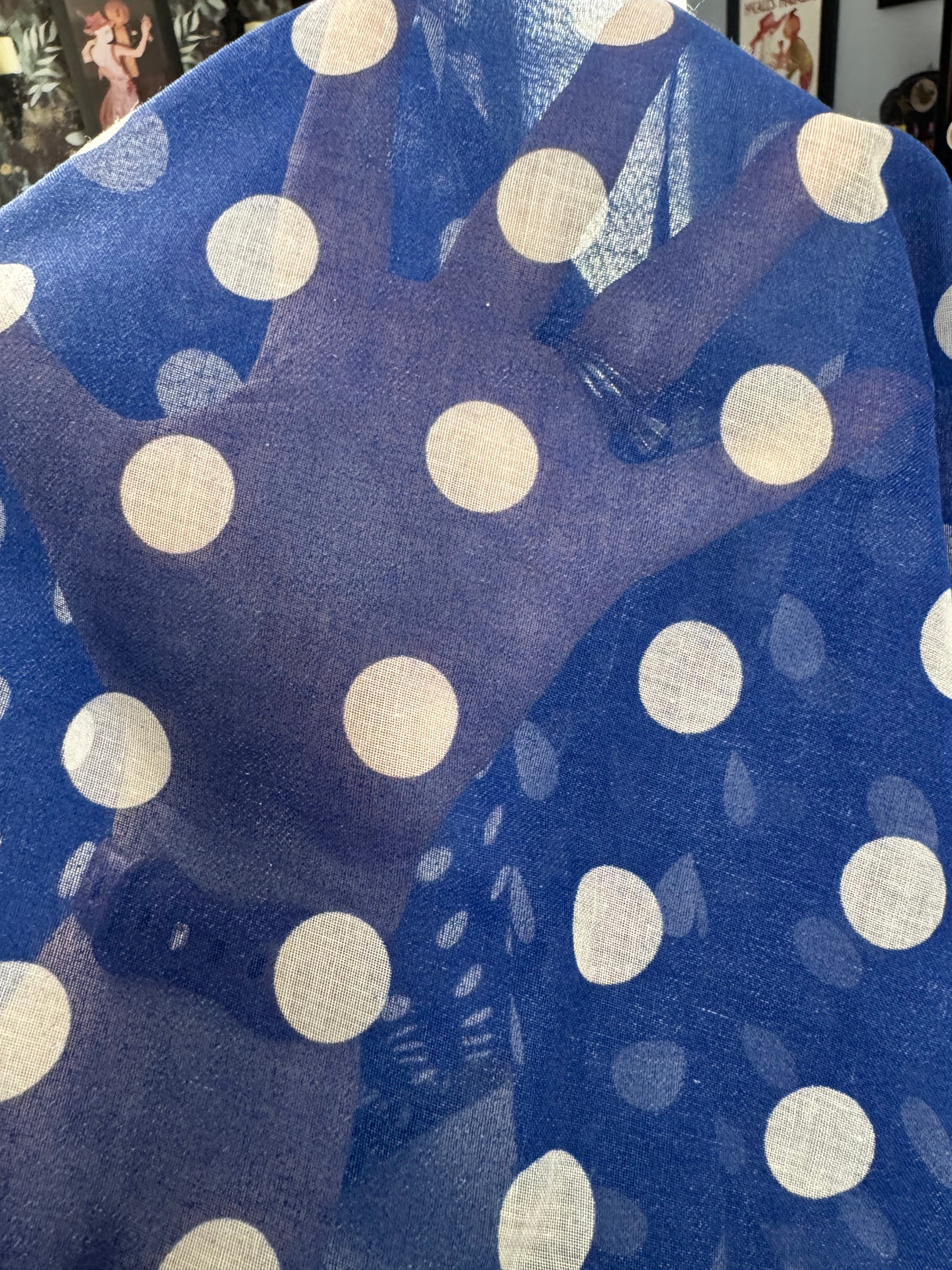 1960’s Blue with Large White Polka Dots Sheer Fabric - Polyester - BTY (H14)