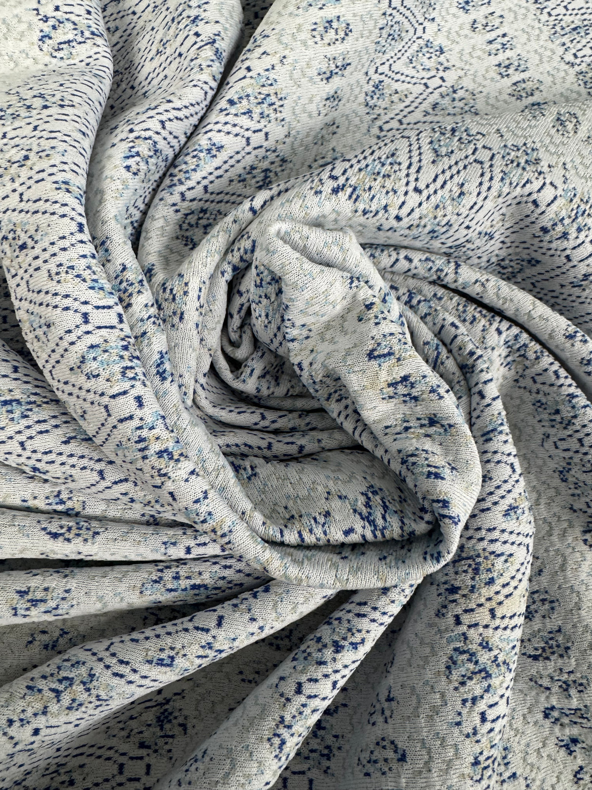 1970’s White with Light Blue Geometric Shapes Double Knit Fabric - Polyester - BTY (H21)